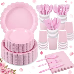 350 Pcs Pink Paper Plates and Napkins, Mothers Day Plates Light Pink Party Supplies Include Scalloped Plate Napkins Cups Plastic Spoons Forks Knives for Baby Shower, Wedding, Birthday