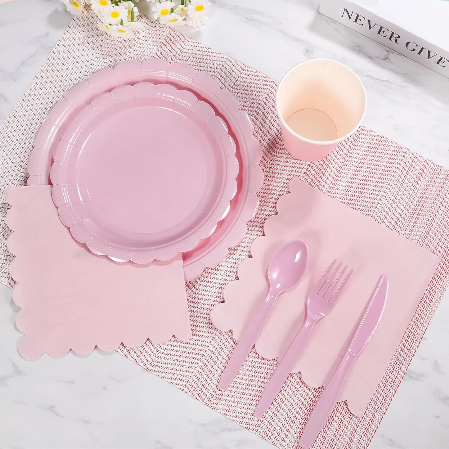 350 Pcs Pink Paper Plates and Napkins, Mothers Day Plates Light Pink Party Supplies Include Scalloped Plate Napkins Cups Plastic Spoons Forks Knives for Baby Shower, Wedding, Birthday