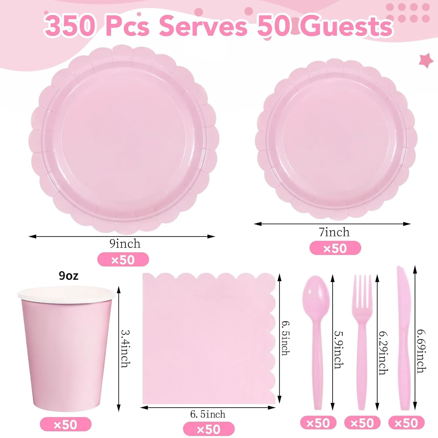 350 Pcs Pink Paper Plates and Napkins, Mothers Day Plates Light Pink Party Supplies Include Scalloped Plate Napkins Cups Plastic Spoons Forks Knives for Baby Shower, Wedding, Birthday