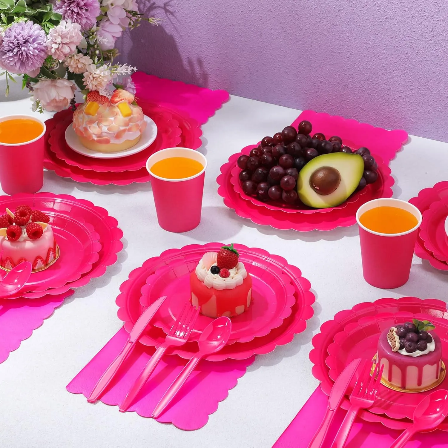 350 Pcs Plates and Napkins, 50 Guest Spring Party Supplies Include Scalloped Paper Plates Napkins Cups Plastic Spoons Forks Knives Disposable Tableware Set for Baby Shower(Hot Pink)