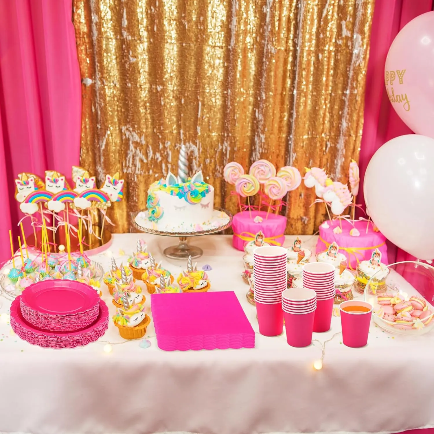 350 Pcs Plates and Napkins, 50 Guest Spring Party Supplies Include Scalloped Paper Plates Napkins Cups Plastic Spoons Forks Knives Disposable Tableware Set for Baby Shower(Hot Pink)