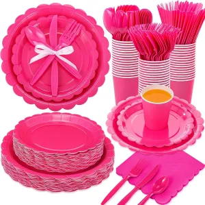 350 Pcs Plates and Napkins, 50 Guest Spring Party Supplies Include Scalloped Paper Plates Napkins Cups Plastic Spoons Forks Knives Disposable Tableware Set for Baby Shower(Hot Pink)