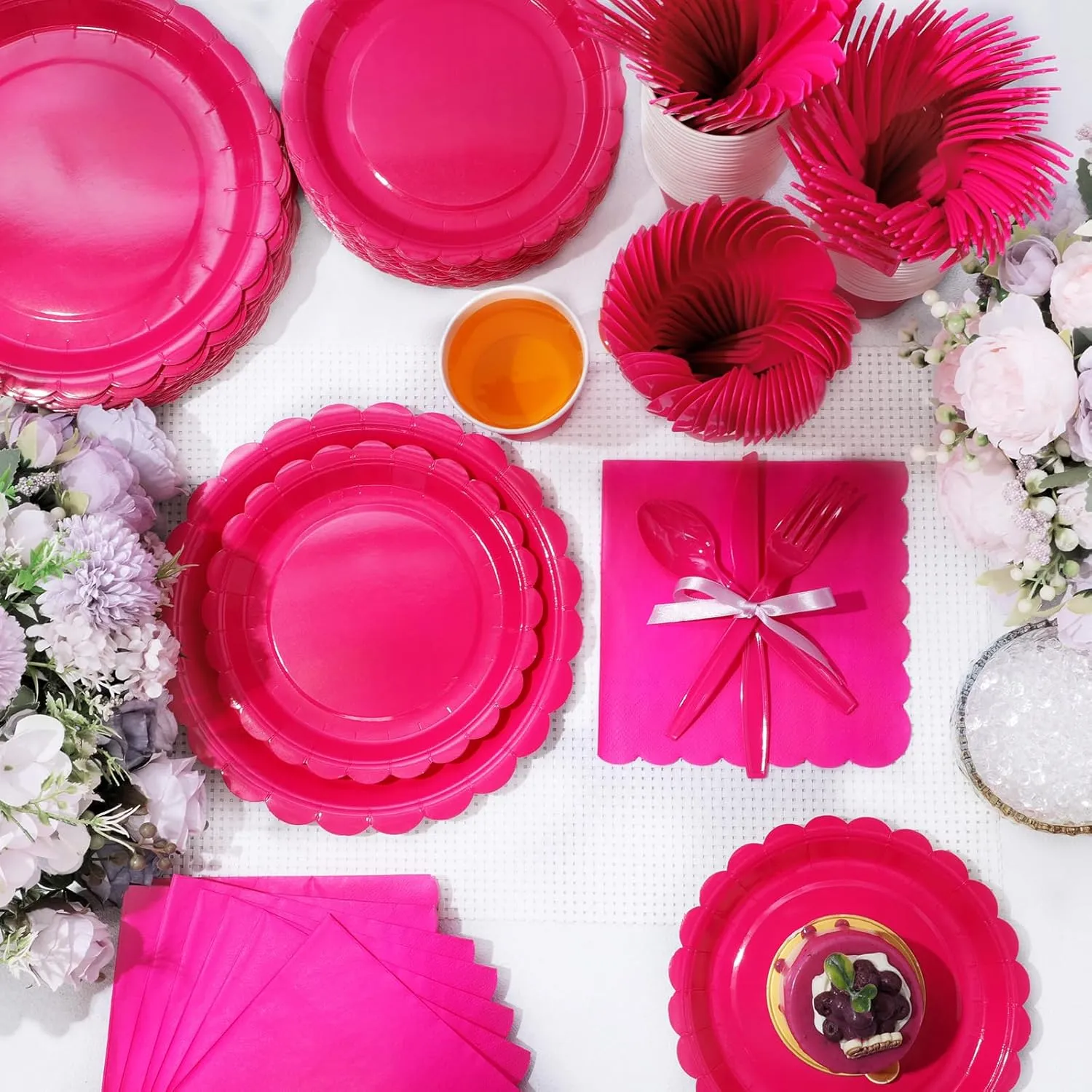 350 Pcs Plates and Napkins, 50 Guest Spring Party Supplies Include Scalloped Paper Plates Napkins Cups Plastic Spoons Forks Knives Disposable Tableware Set for Baby Shower(Hot Pink)