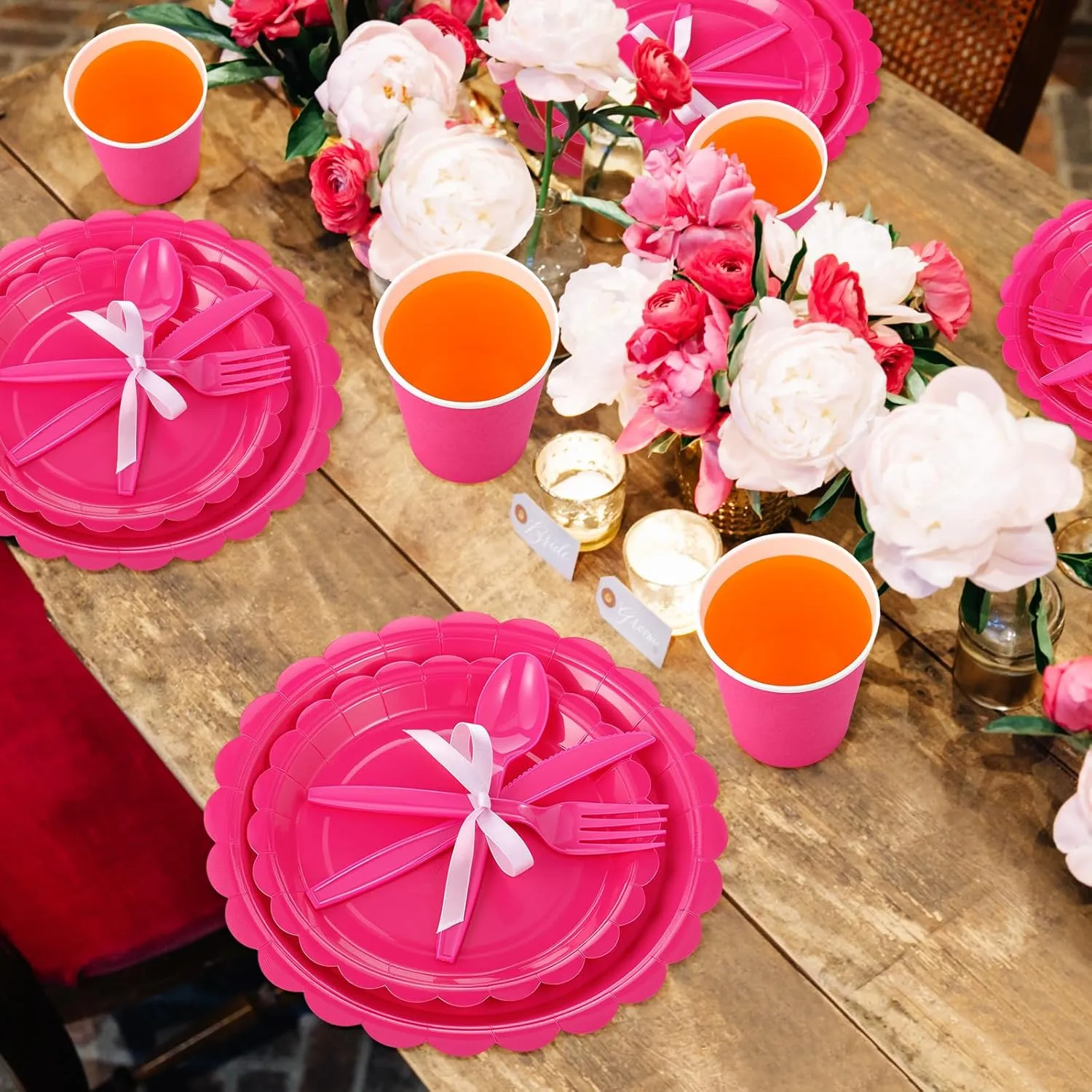350 Pcs Plates and Napkins, 50 Guest Spring Party Supplies Include Scalloped Paper Plates Napkins Cups Plastic Spoons Forks Knives Disposable Tableware Set for Baby Shower(Hot Pink)