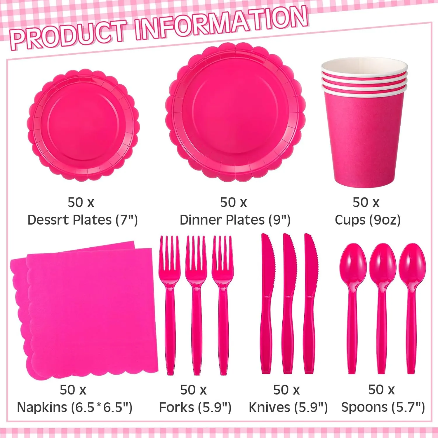 350 Pcs Plates and Napkins, 50 Guest Spring Party Supplies Include Scalloped Paper Plates Napkins Cups Plastic Spoons Forks Knives Disposable Tableware Set for Baby Shower(Hot Pink)