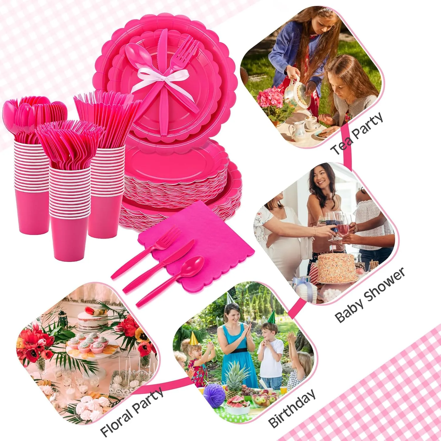 350 Pcs Plates and Napkins, 50 Guest Spring Party Supplies Include Scalloped Paper Plates Napkins Cups Plastic Spoons Forks Knives Disposable Tableware Set for Baby Shower(Hot Pink)