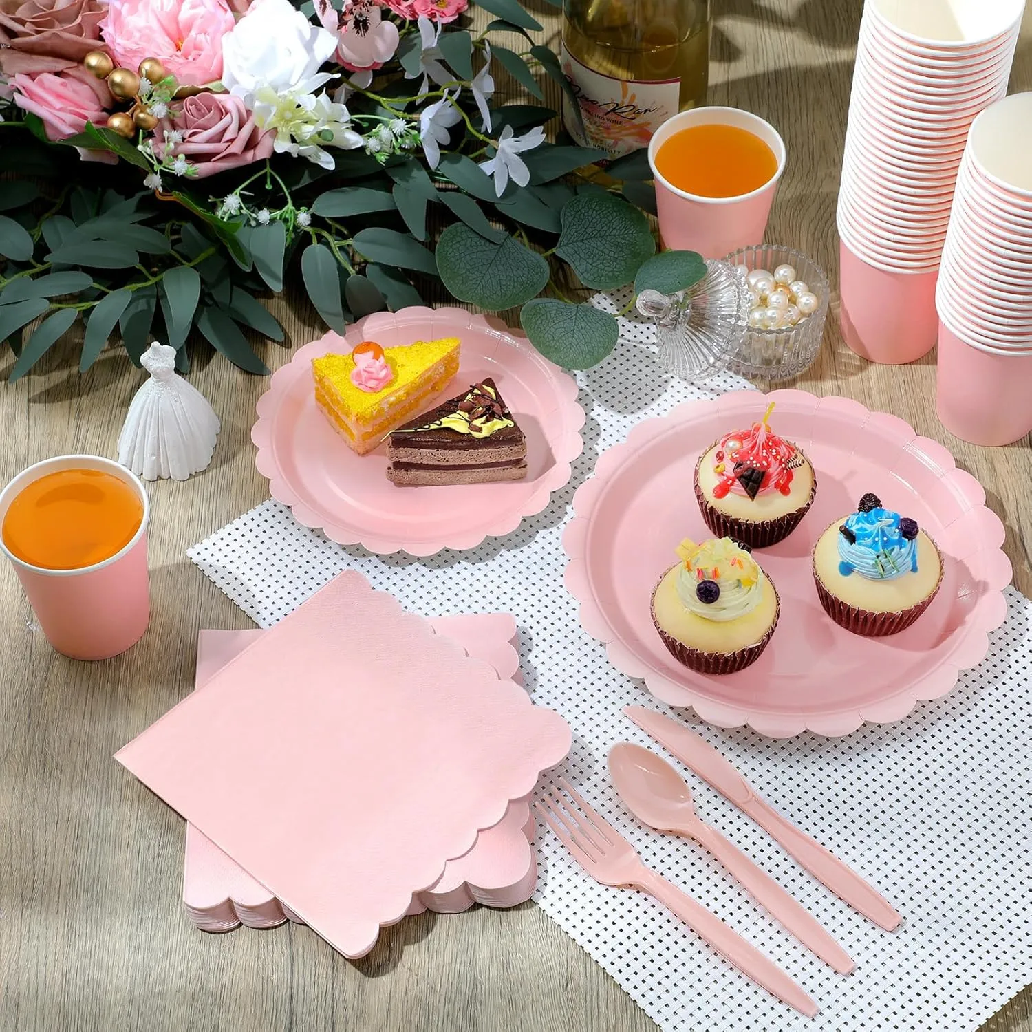 350 Pcs Plates and Napkins, 50 Guest Spring Party Supplies Include Scalloped Paper Plates Napkins Cups Plastic Spoons Forks Knives Disposable Tableware Set for Baby Shower(Light Pink)
