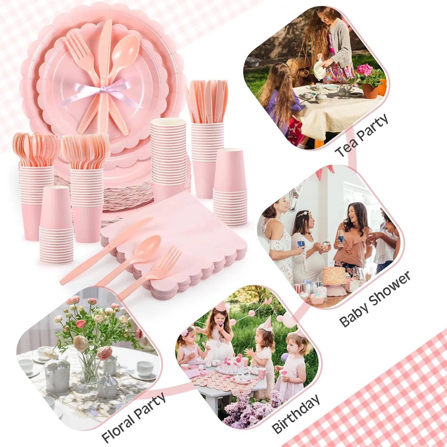 350 Pcs Plates and Napkins, 50 Guest Spring Party Supplies Include Scalloped Paper Plates Napkins Cups Plastic Spoons Forks Knives Disposable Tableware Set for Baby Shower(Light Pink)