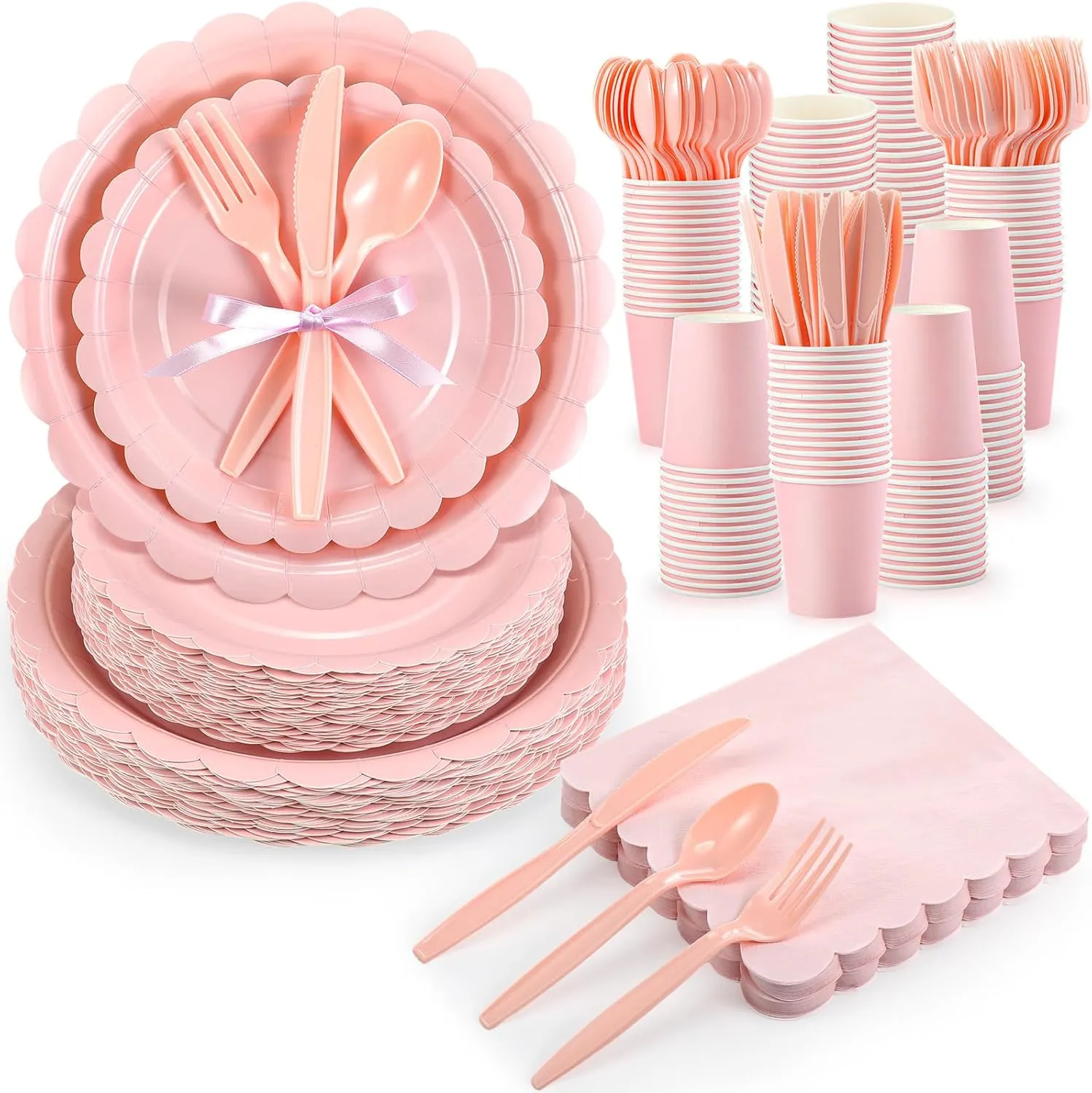 350 Pcs Plates and Napkins, 50 Guest Spring Party Supplies Include Scalloped Paper Plates Napkins Cups Plastic Spoons Forks Knives Disposable Tableware Set for Baby Shower(Light Pink)