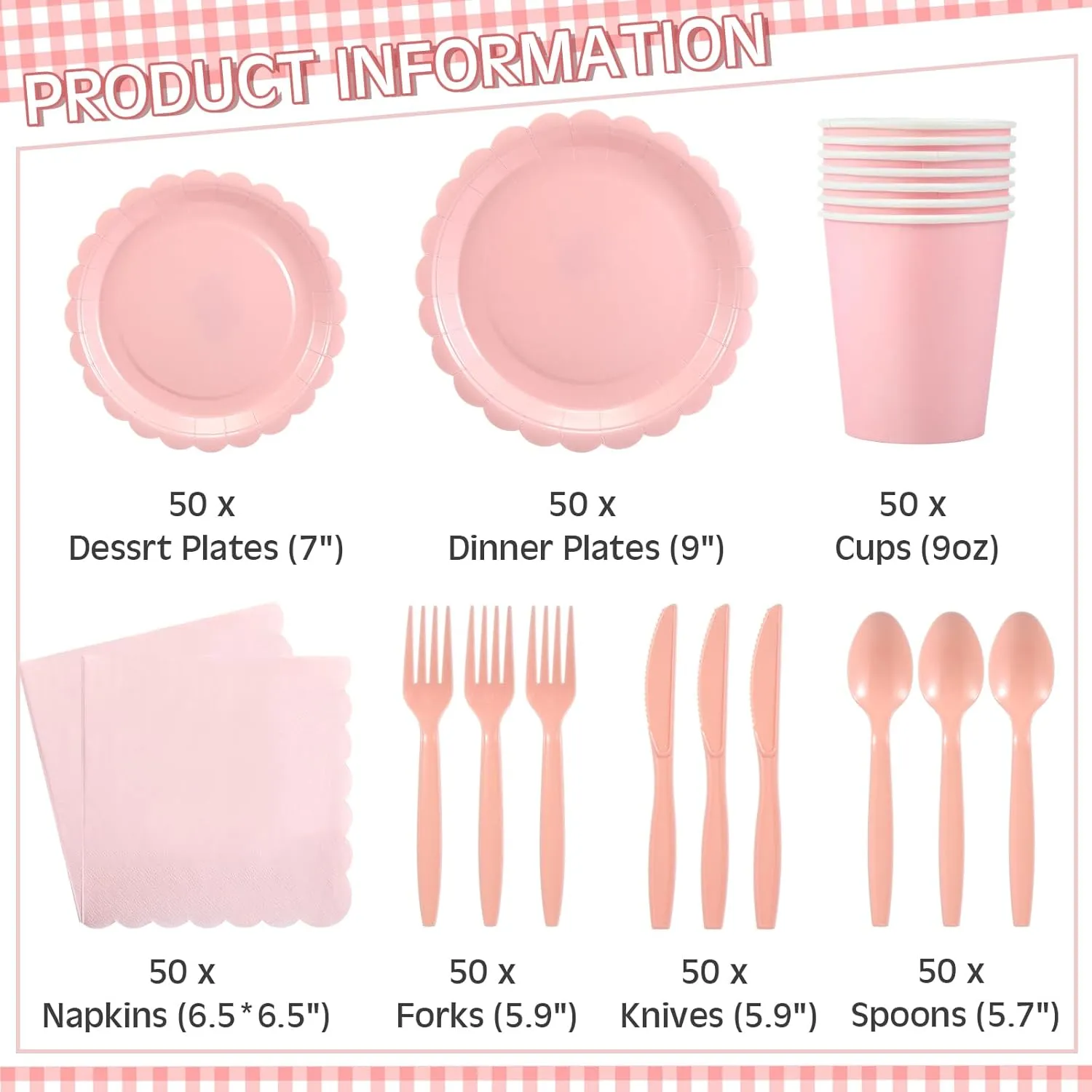 350 Pcs Plates and Napkins, 50 Guest Spring Party Supplies Include Scalloped Paper Plates Napkins Cups Plastic Spoons Forks Knives Disposable Tableware Set for Baby Shower(Light Pink)