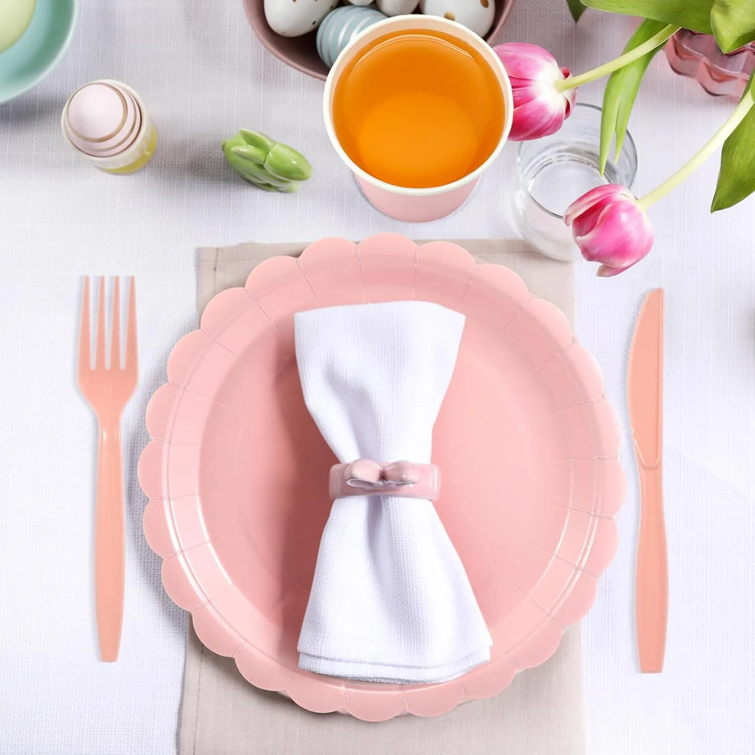 350 Pcs Plates and Napkins, 50 Guest Spring Party Supplies Include Scalloped Paper Plates Napkins Cups Plastic Spoons Forks Knives Disposable Tableware Set for Baby Shower(Light Pink)