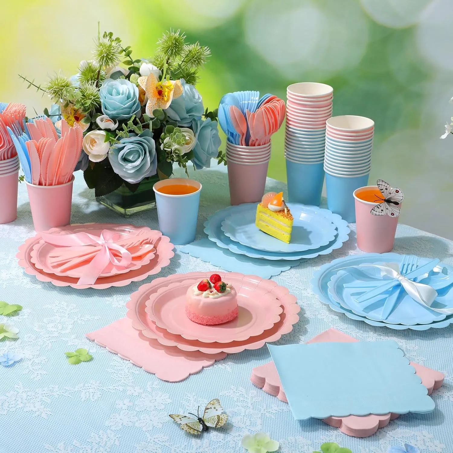 350 Pcs Plates and Napkins, 50 Guest Spring Party Supplies Include Scalloped Paper Plates Napkins Cups Plastic Spoons Forks Knives Disposable Tableware Set for Baby Shower(Pink, Blue)