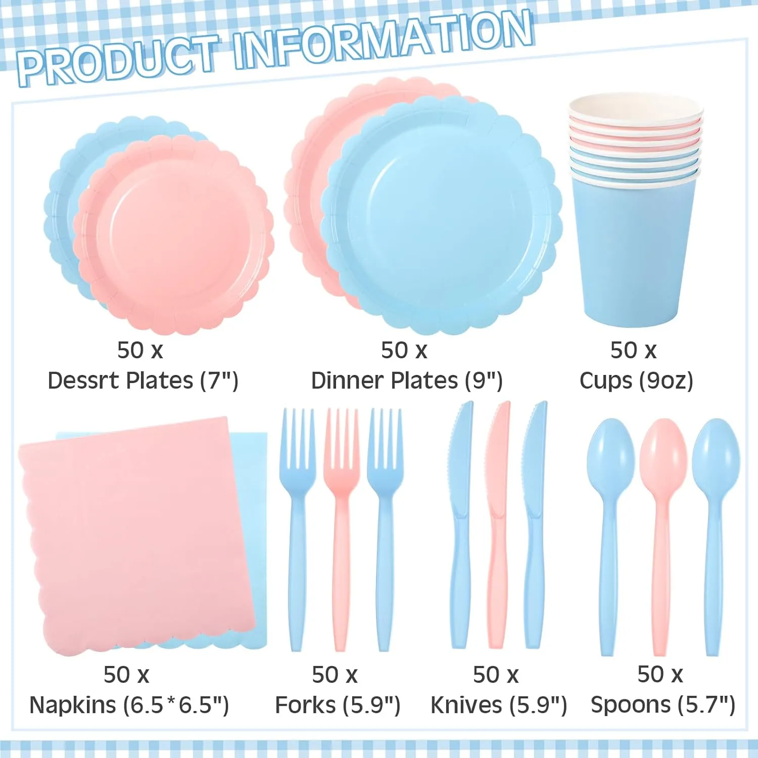 350 Pcs Plates and Napkins, 50 Guest Spring Party Supplies Include Scalloped Paper Plates Napkins Cups Plastic Spoons Forks Knives Disposable Tableware Set for Baby Shower(Pink, Blue)