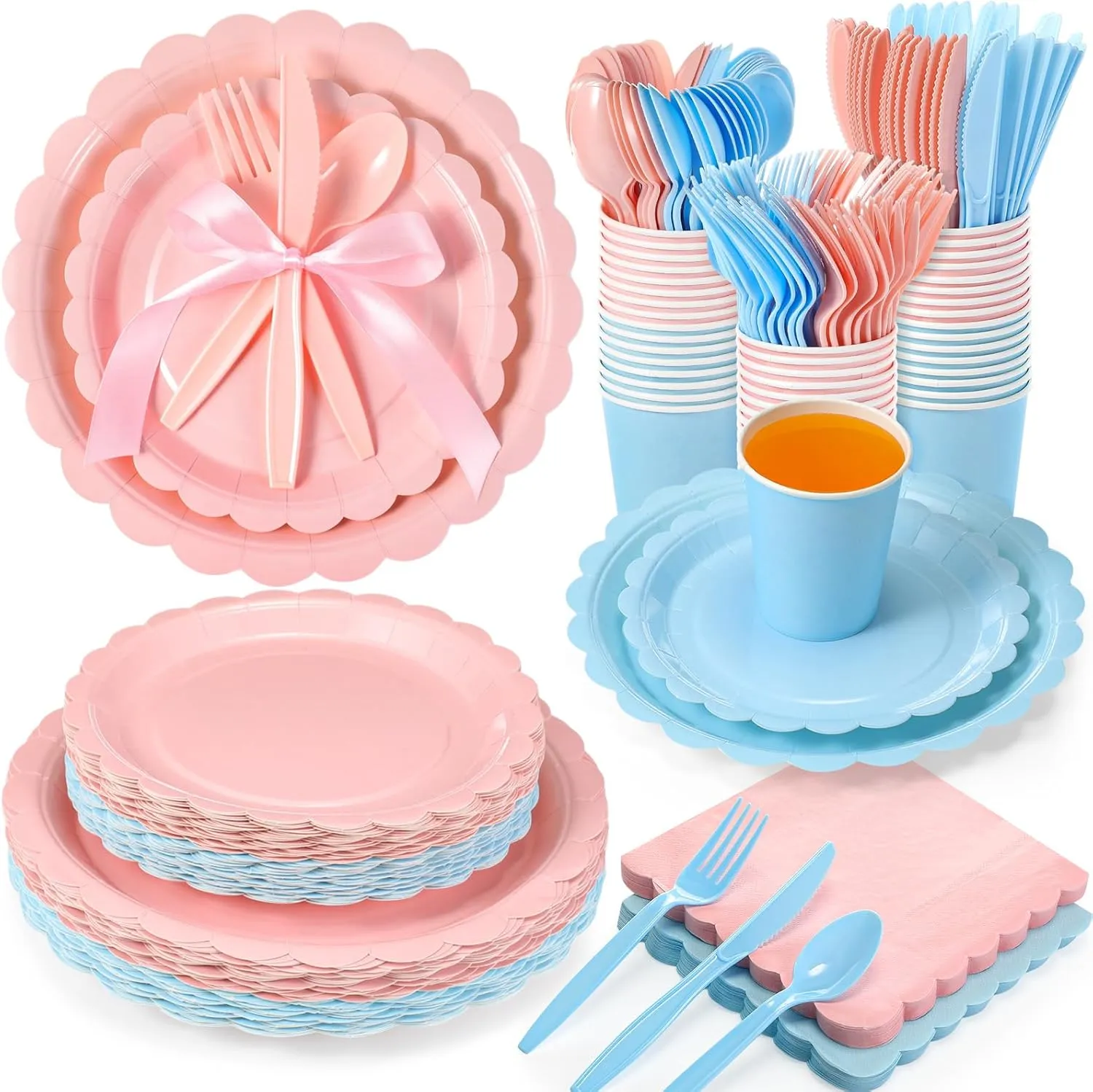 350 Pcs Plates and Napkins, 50 Guest Spring Party Supplies Include Scalloped Paper Plates Napkins Cups Plastic Spoons Forks Knives Disposable Tableware Set for Baby Shower(Pink, Blue)