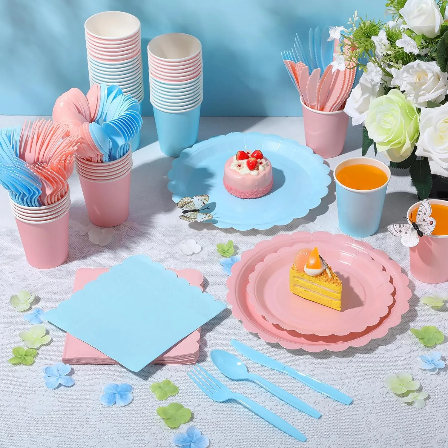 350 Pcs Plates and Napkins, 50 Guest Spring Party Supplies Include Scalloped Paper Plates Napkins Cups Plastic Spoons Forks Knives Disposable Tableware Set for Baby Shower(Pink, Blue)