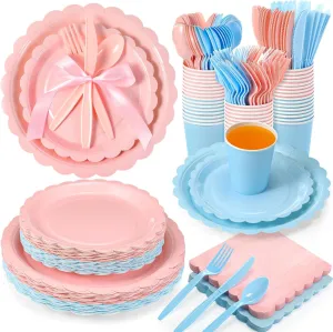 350 Pcs Plates and Napkins, 50 Guest Spring Party Supplies Include Scalloped Paper Plates Napkins Cups Plastic Spoons Forks Knives Disposable Tableware Set for Baby Shower(Pink, Blue)