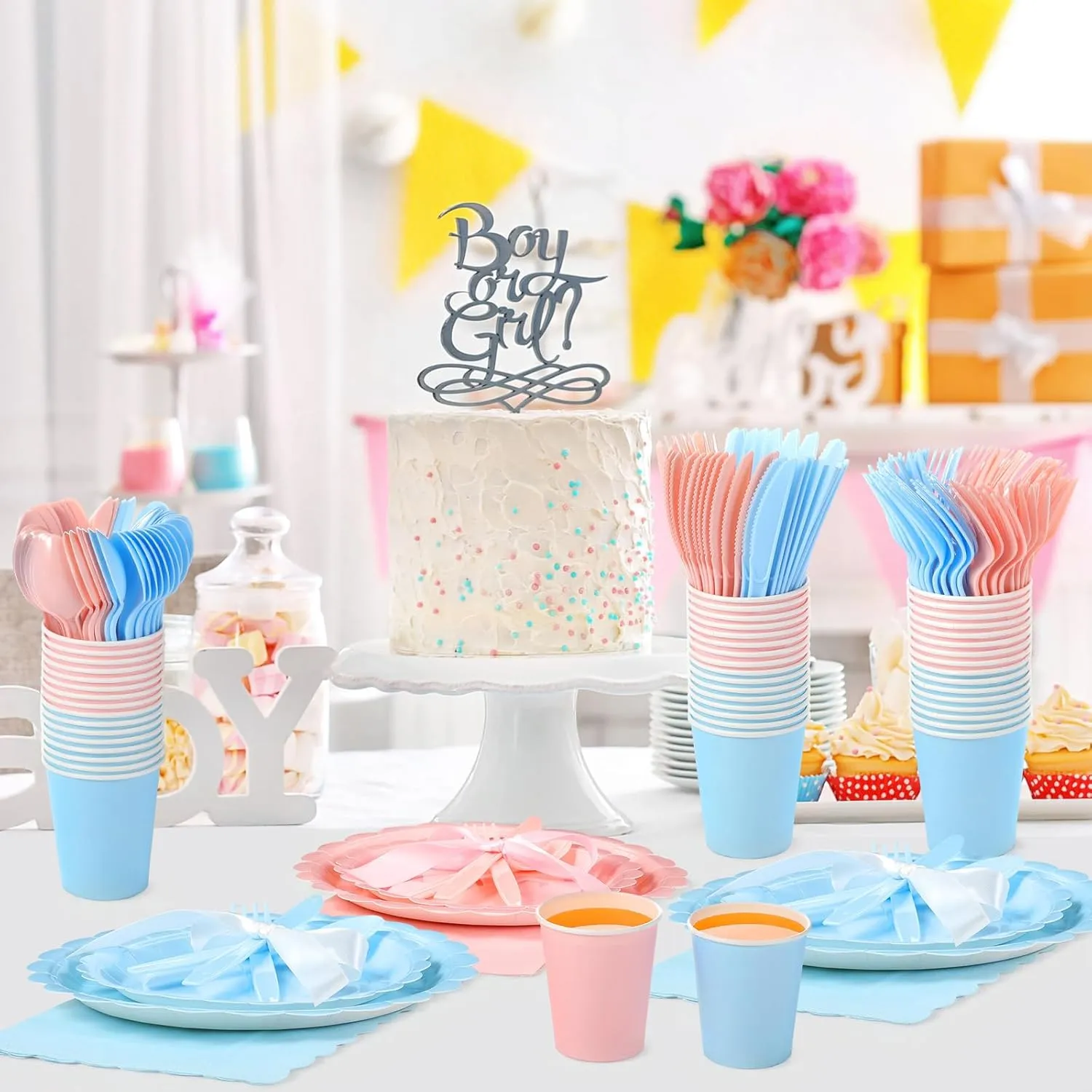 350 Pcs Plates and Napkins, 50 Guest Spring Party Supplies Include Scalloped Paper Plates Napkins Cups Plastic Spoons Forks Knives Disposable Tableware Set for Baby Shower(Pink, Blue)
