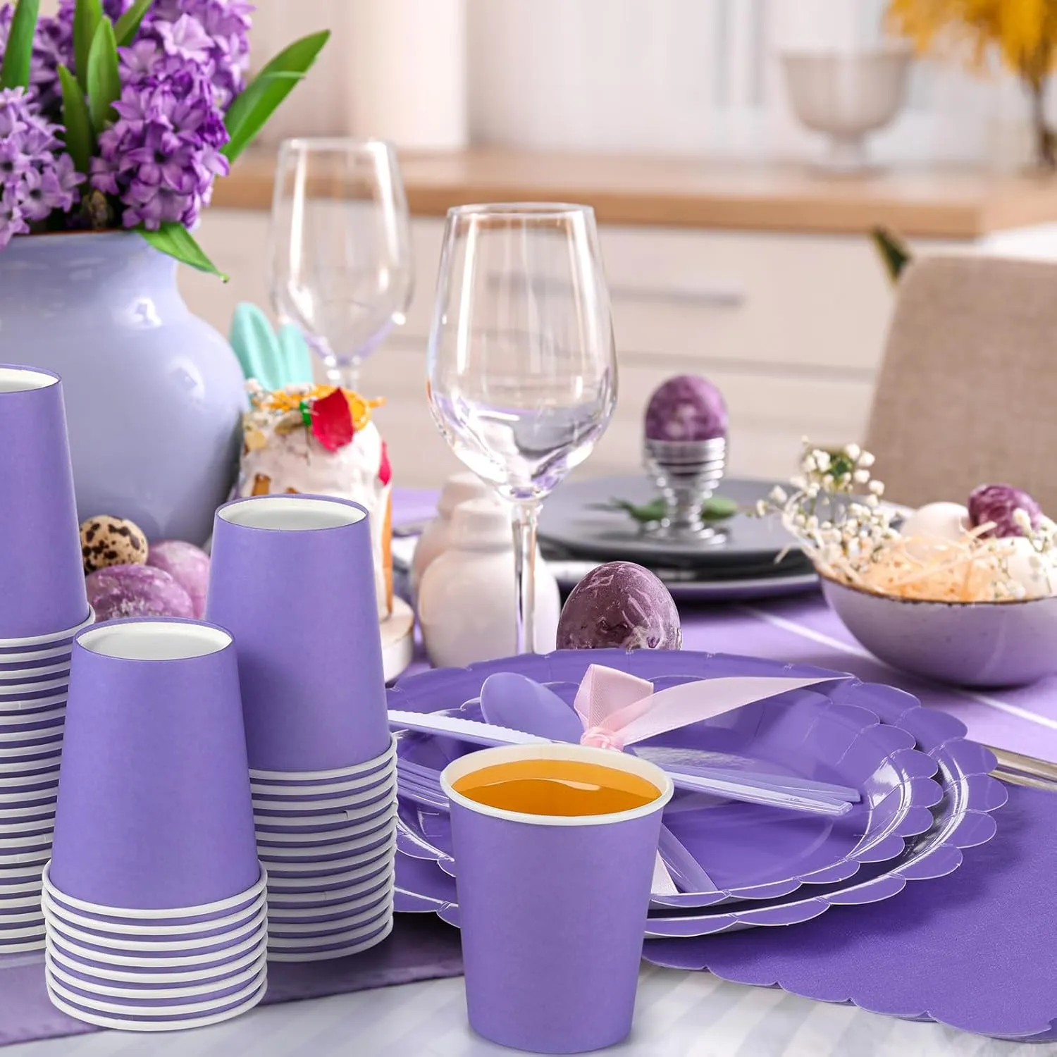 350 Pcs Plates and Napkins, 50 Guest Spring Party Supplies Include Scalloped Paper Plates Napkins Cups Plastic Spoons Forks Knives Disposable Tableware Set for Baby Shower(Purple)