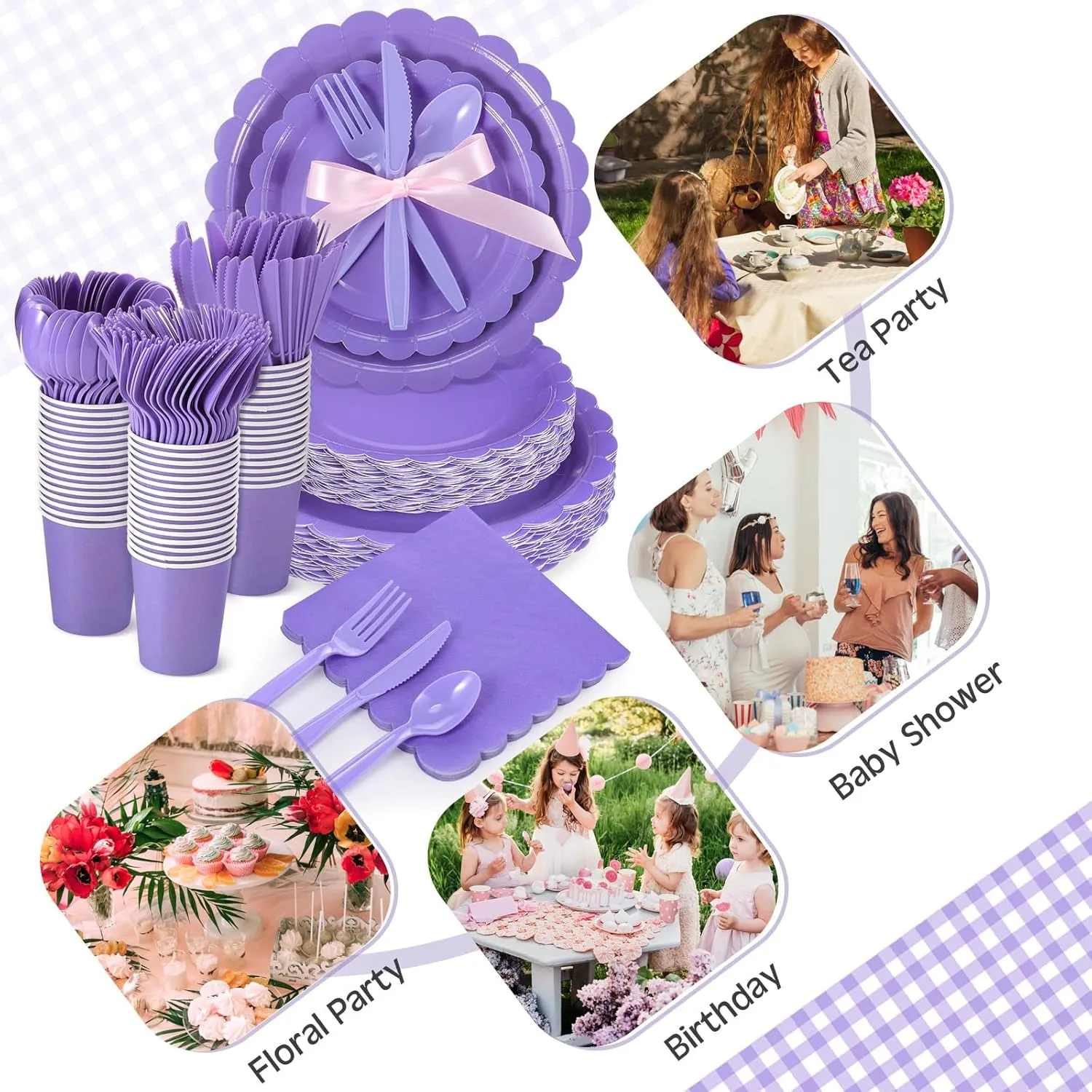 350 Pcs Plates and Napkins, 50 Guest Spring Party Supplies Include Scalloped Paper Plates Napkins Cups Plastic Spoons Forks Knives Disposable Tableware Set for Baby Shower(Purple)