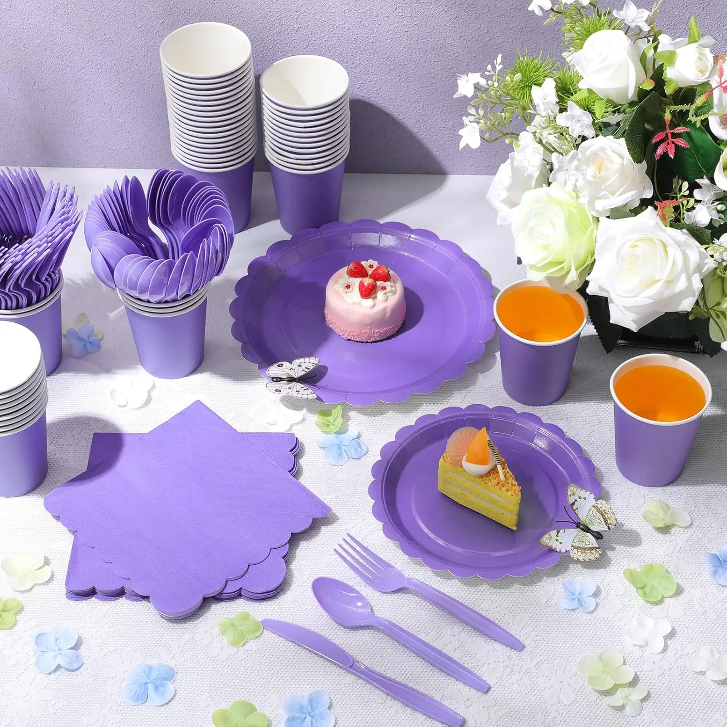 350 Pcs Plates and Napkins, 50 Guest Spring Party Supplies Include Scalloped Paper Plates Napkins Cups Plastic Spoons Forks Knives Disposable Tableware Set for Baby Shower(Purple)