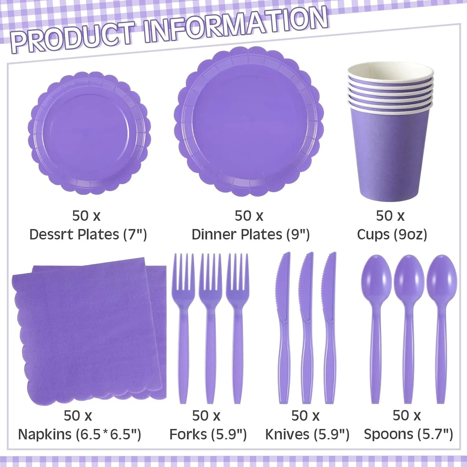350 Pcs Plates and Napkins, 50 Guest Spring Party Supplies Include Scalloped Paper Plates Napkins Cups Plastic Spoons Forks Knives Disposable Tableware Set for Baby Shower(Purple)