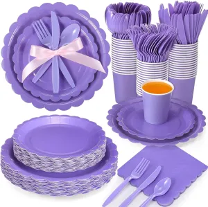 350 Pcs Plates and Napkins, 50 Guest Spring Party Supplies Include Scalloped Paper Plates Napkins Cups Plastic Spoons Forks Knives Disposable Tableware Set for Baby Shower(Purple)