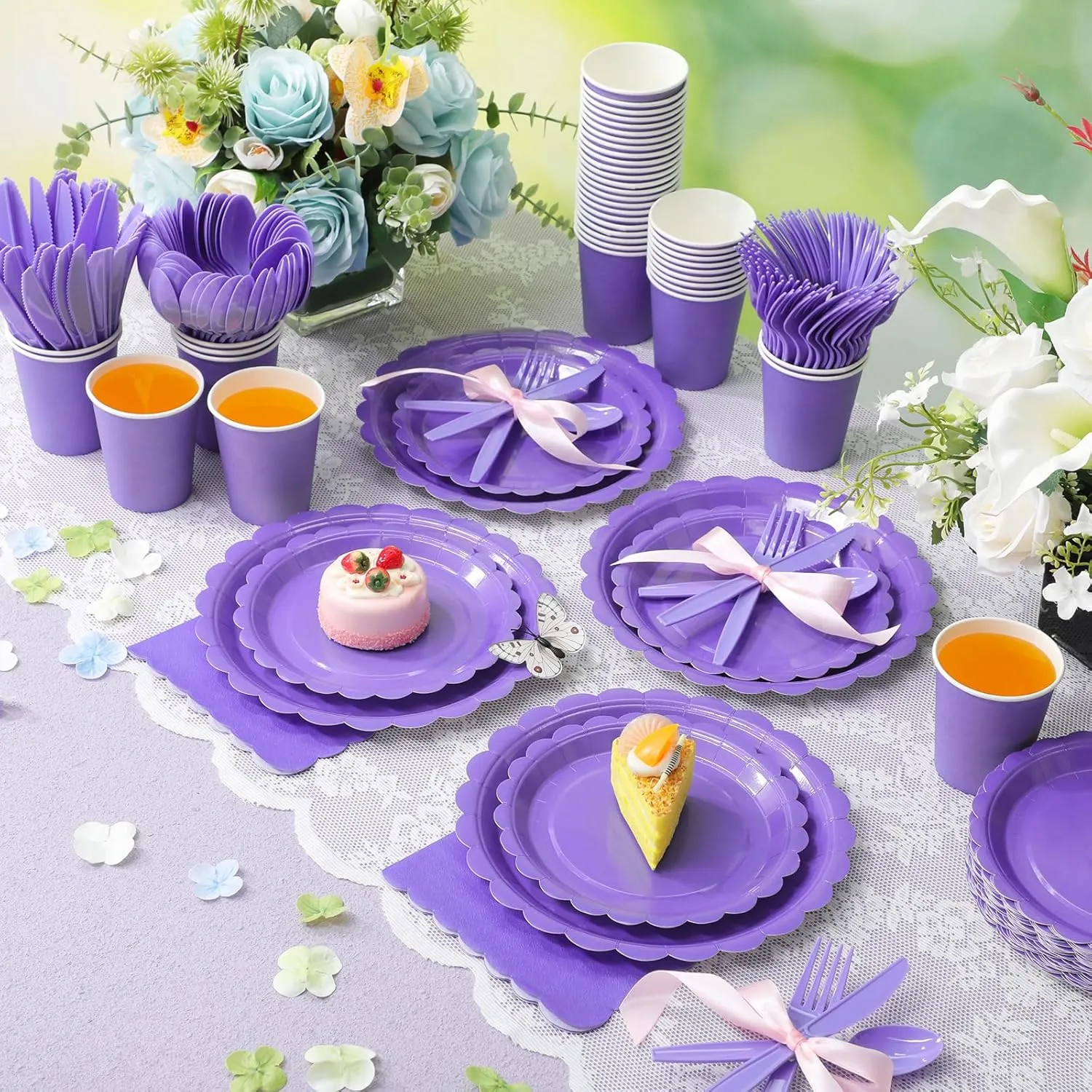 350 Pcs Plates and Napkins, 50 Guest Spring Party Supplies Include Scalloped Paper Plates Napkins Cups Plastic Spoons Forks Knives Disposable Tableware Set for Baby Shower(Purple)