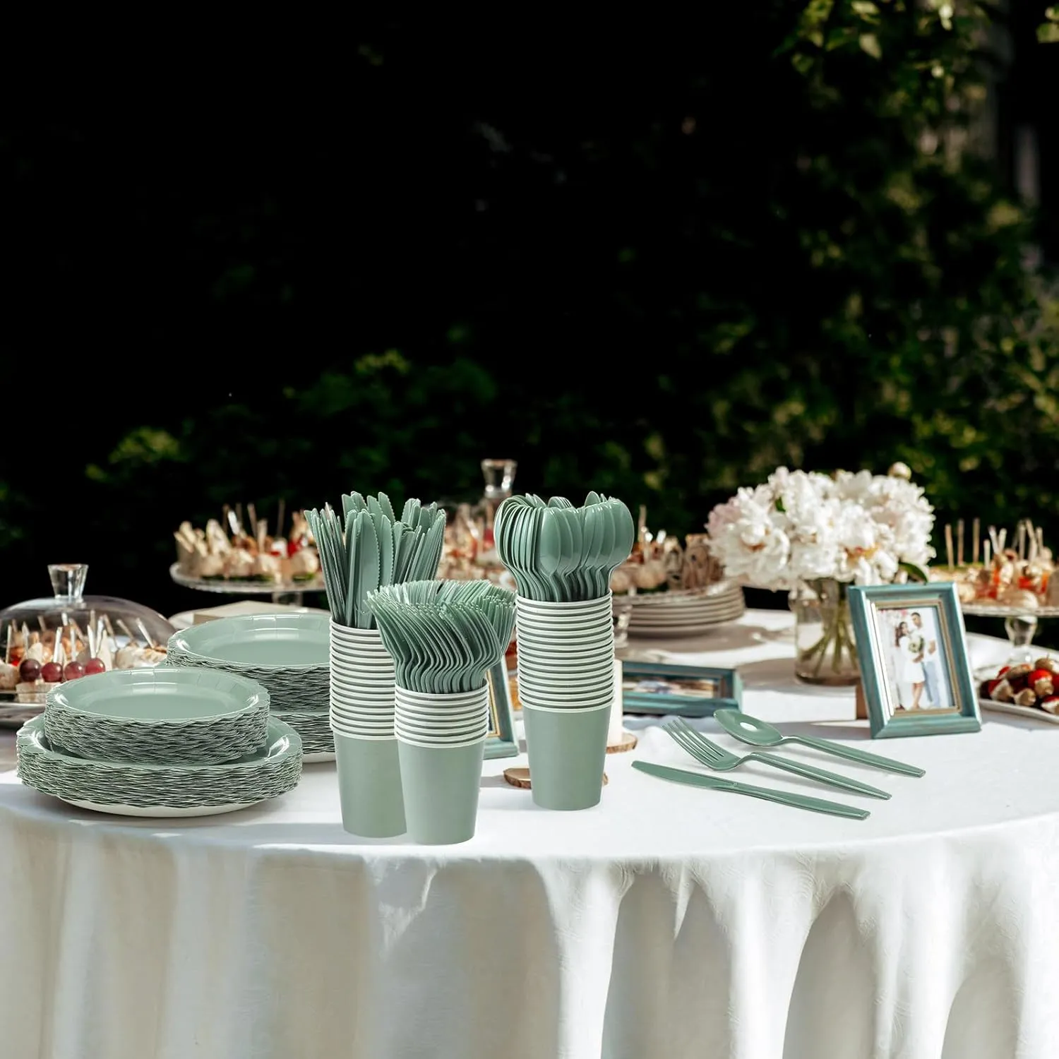 350 Pcs Plates and Napkins, 50 Guest Spring Party Supplies Include Scalloped Paper Plates Napkins Cups Plastic Spoons Forks Knives Disposable Tableware Set for Baby Shower(Sage Green)