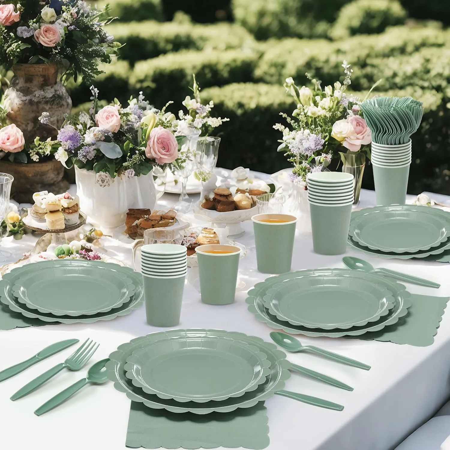 350 Pcs Plates and Napkins, 50 Guest Spring Party Supplies Include Scalloped Paper Plates Napkins Cups Plastic Spoons Forks Knives Disposable Tableware Set for Baby Shower(Sage Green)