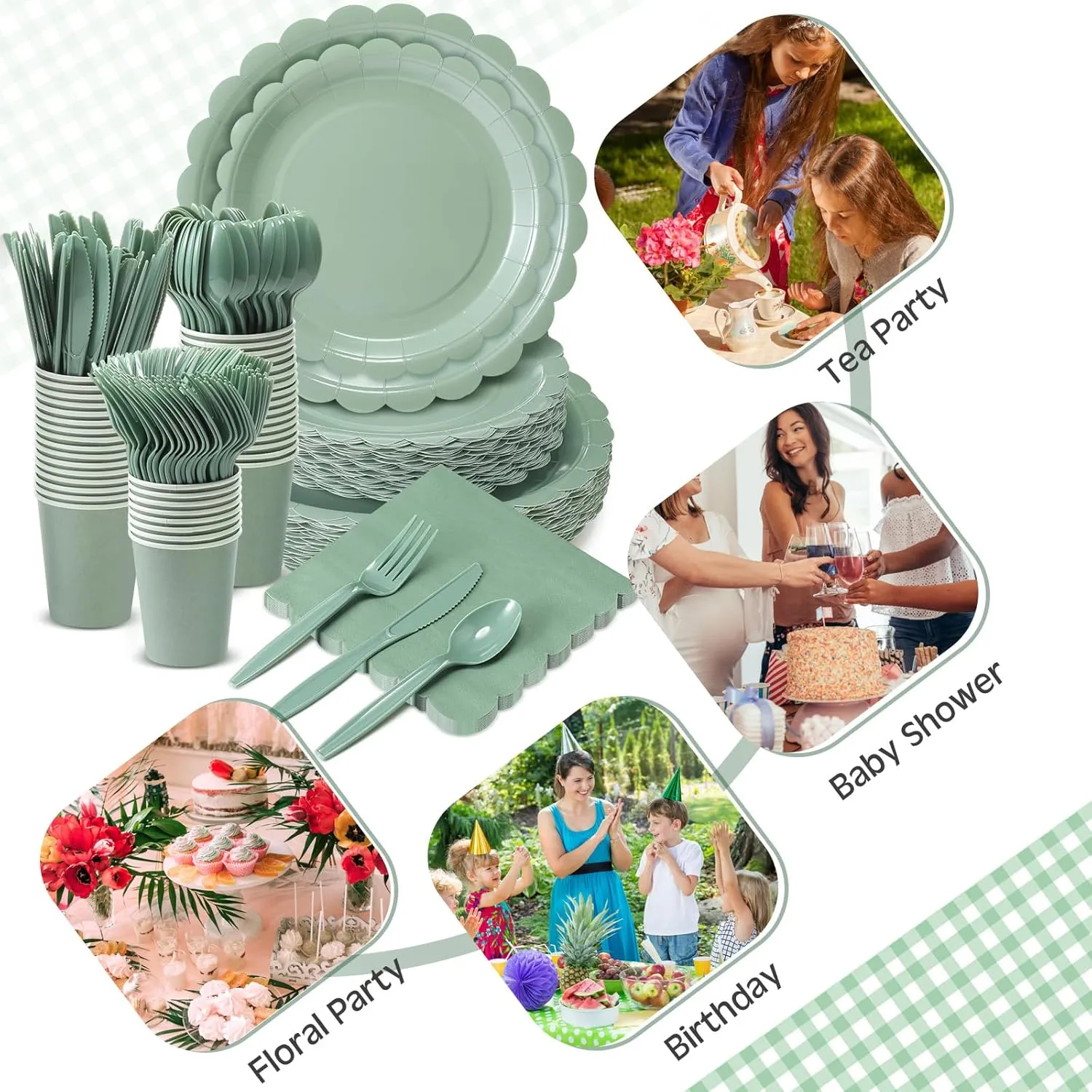 350 Pcs Plates and Napkins, 50 Guest Spring Party Supplies Include Scalloped Paper Plates Napkins Cups Plastic Spoons Forks Knives Disposable Tableware Set for Baby Shower(Sage Green)