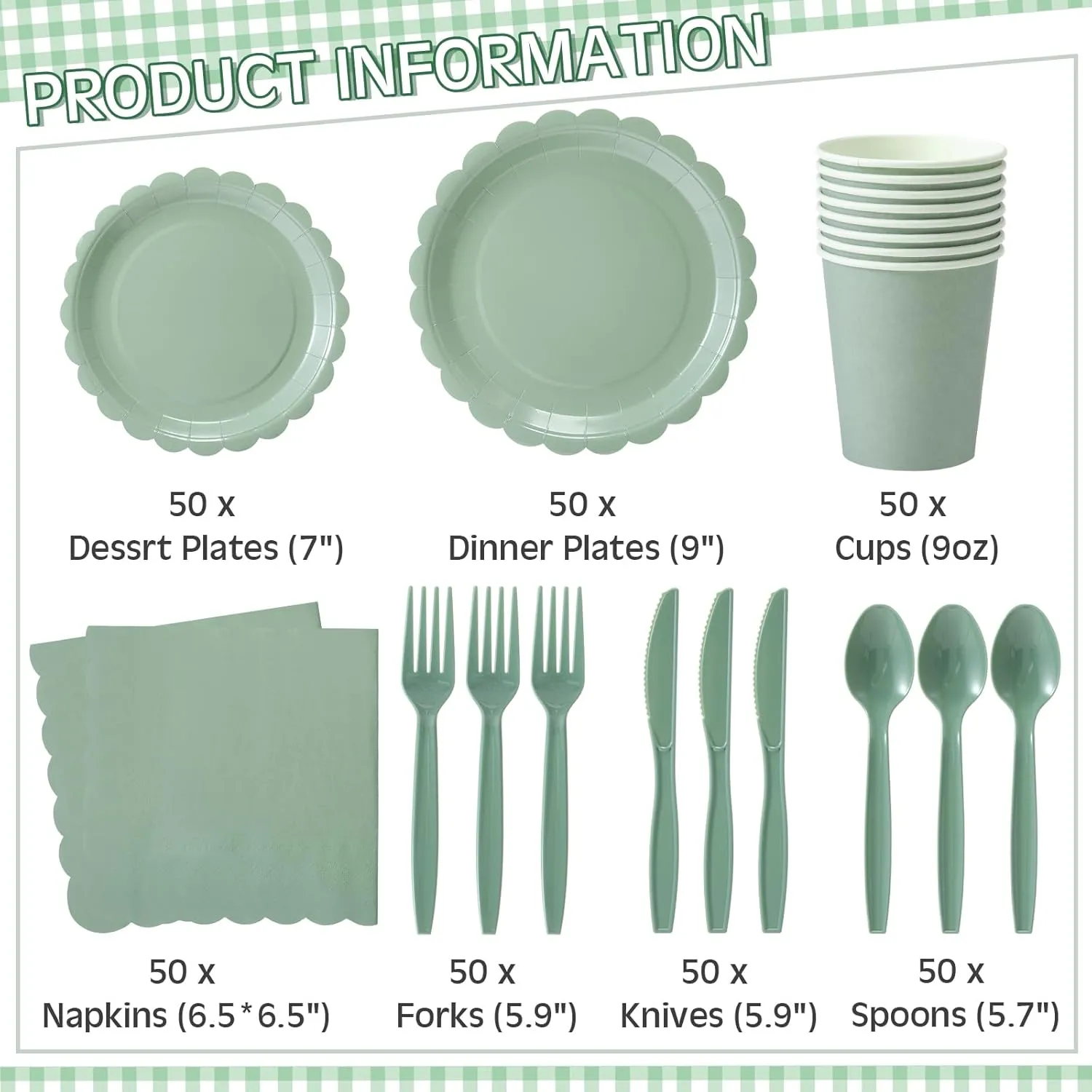 350 Pcs Plates and Napkins, 50 Guest Spring Party Supplies Include Scalloped Paper Plates Napkins Cups Plastic Spoons Forks Knives Disposable Tableware Set for Baby Shower(Sage Green)