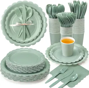 350 Pcs Plates and Napkins, 50 Guest Spring Party Supplies Include Scalloped Paper Plates Napkins Cups Plastic Spoons Forks Knives Disposable Tableware Set for Baby Shower(Sage Green)