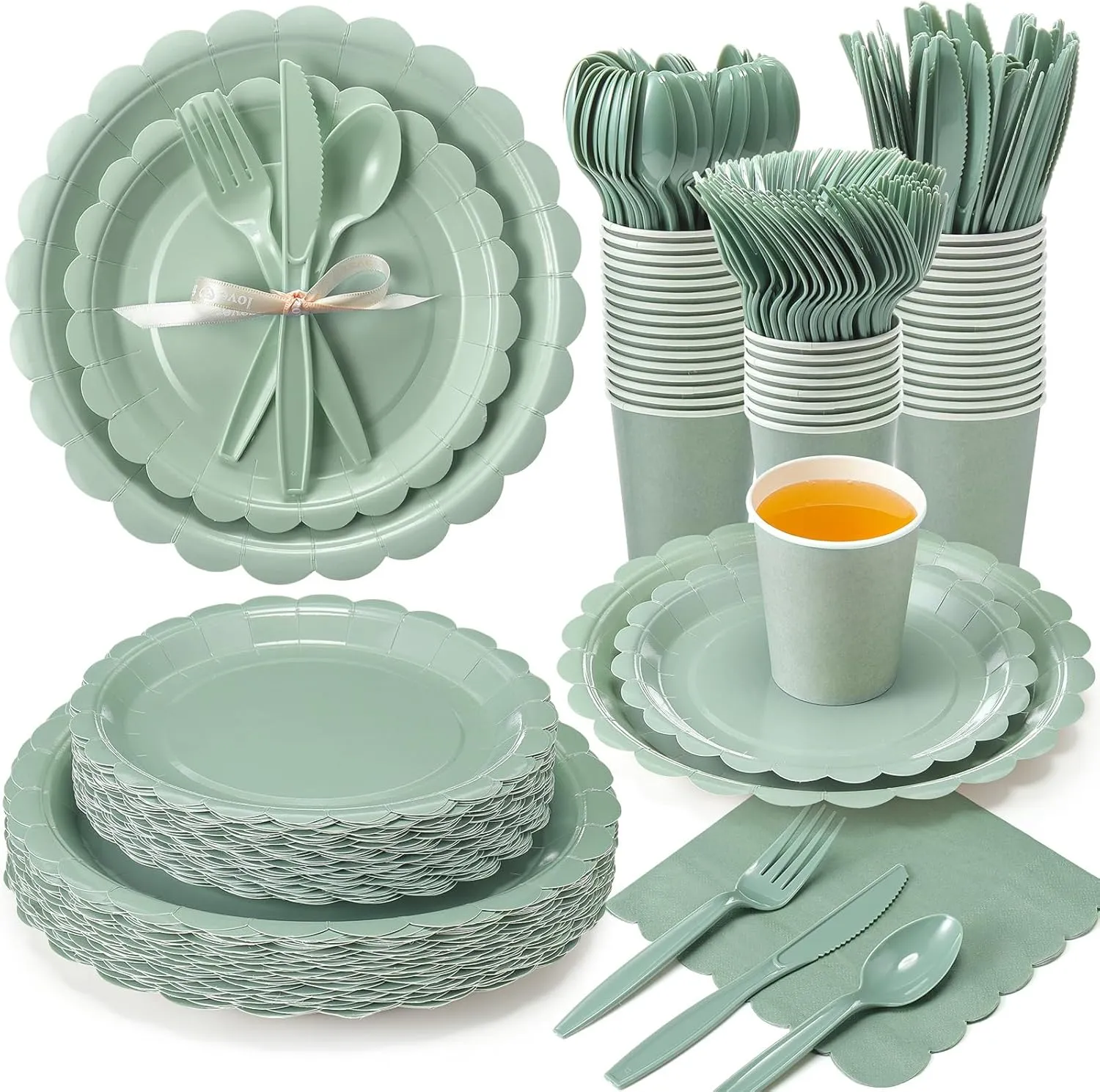 350 Pcs Plates and Napkins, 50 Guest Spring Party Supplies Include Scalloped Paper Plates Napkins Cups Plastic Spoons Forks Knives Disposable Tableware Set for Baby Shower(Sage Green)