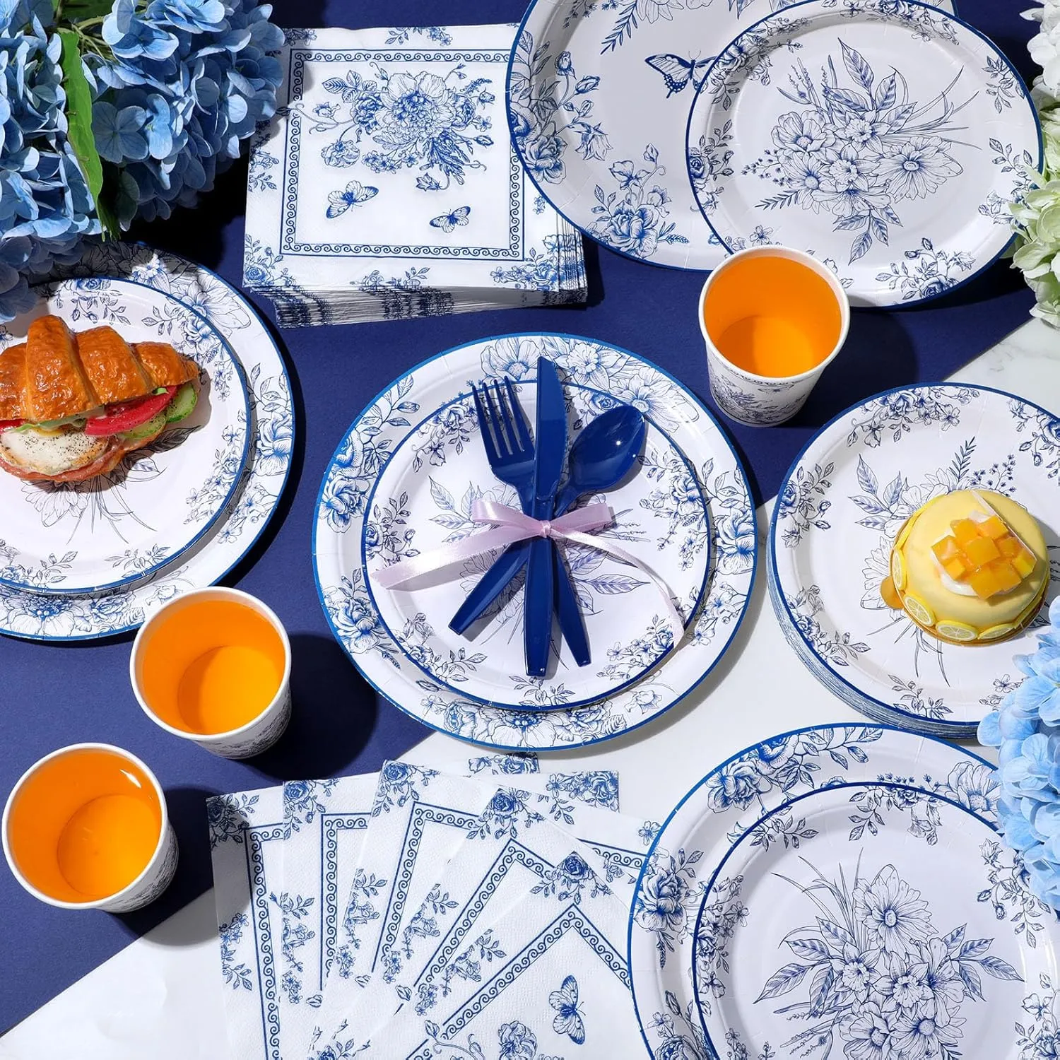 350 Pcs Tea Party Supplies Spring Summer Blue Floral Party Tableware Set Disposable Plates Napkins Paper Cups Plastic Cutlery Set for Birthday Bridal Baby Shower Serves 50