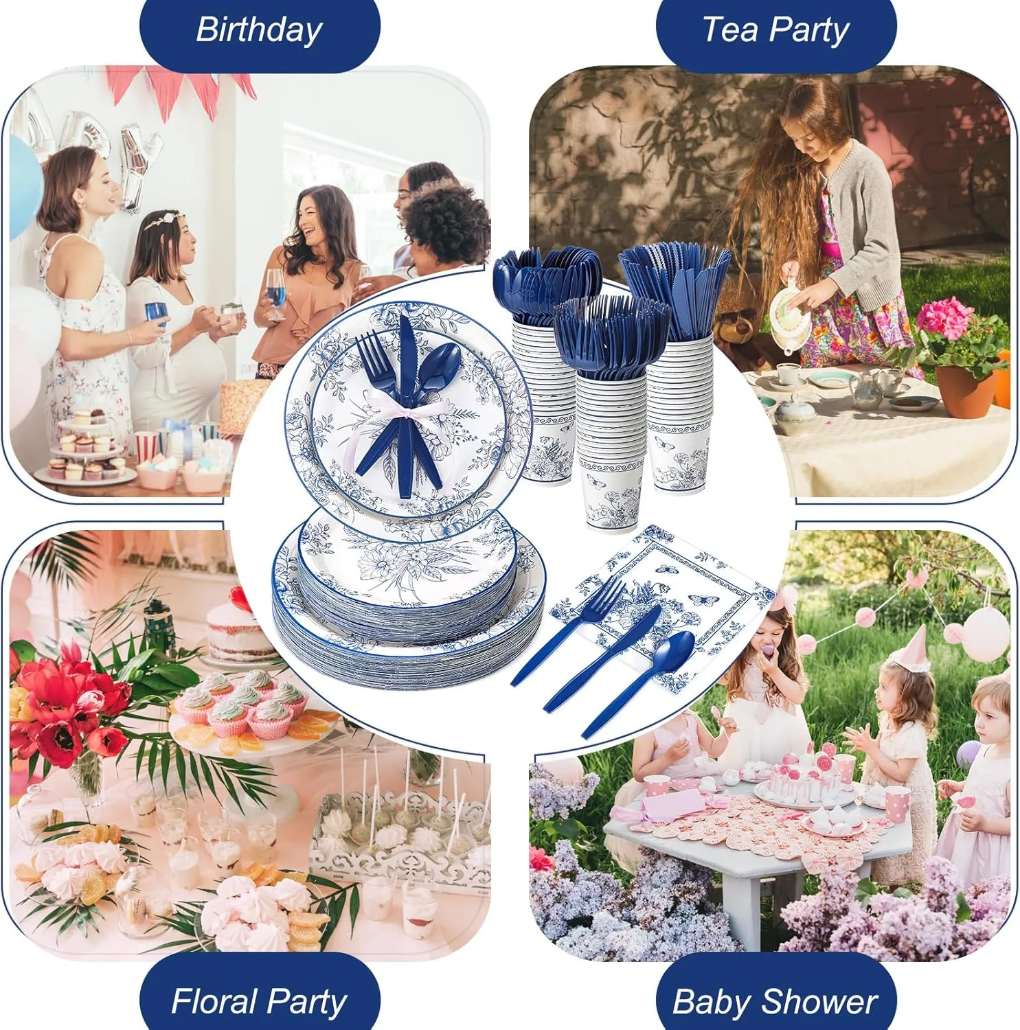 350 Pcs Tea Party Supplies Spring Summer Blue Floral Party Tableware Set Disposable Plates Napkins Paper Cups Plastic Cutlery Set for Birthday Bridal Baby Shower Serves 50