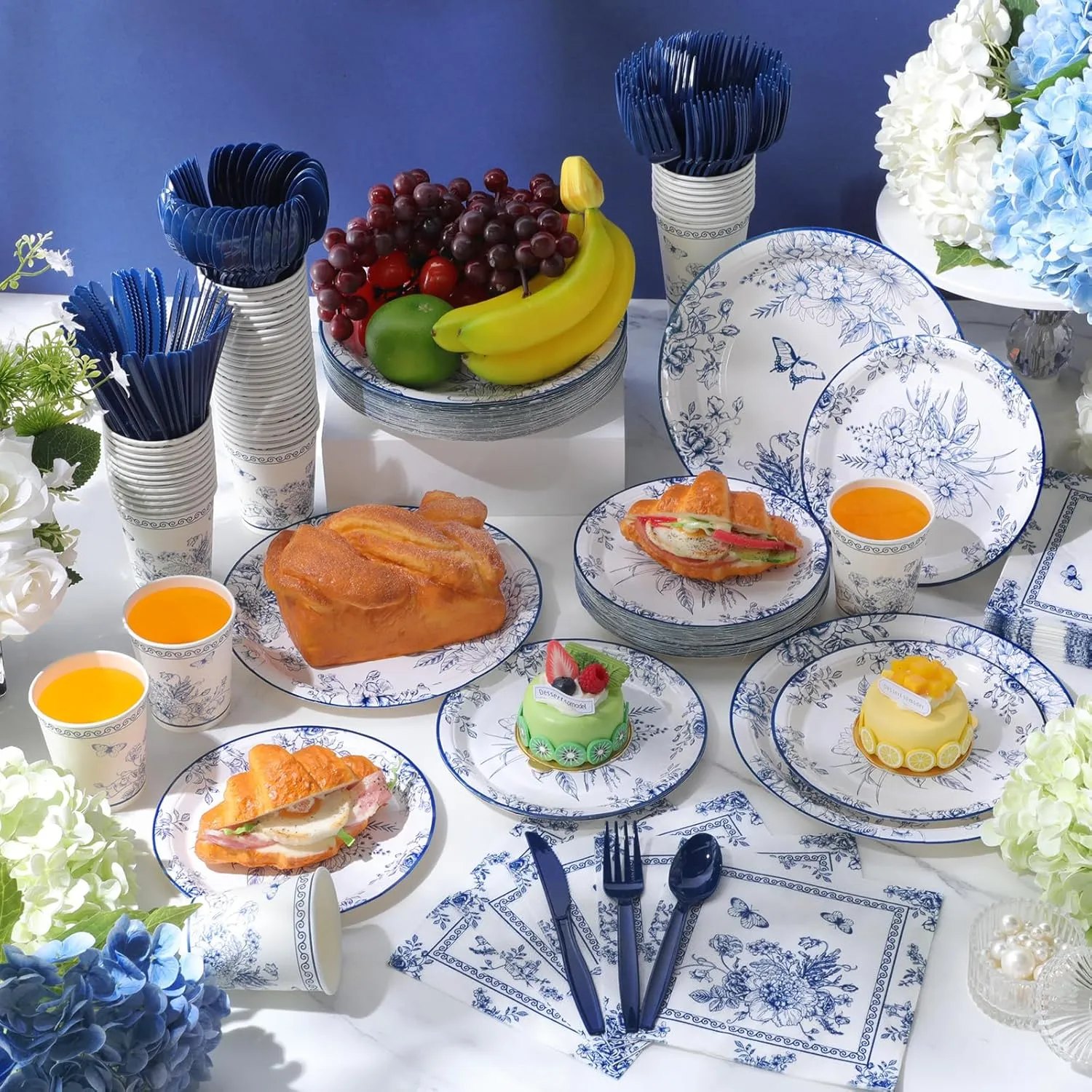350 Pcs Tea Party Supplies Spring Summer Blue Floral Party Tableware Set Disposable Plates Napkins Paper Cups Plastic Cutlery Set for Birthday Bridal Baby Shower Serves 50