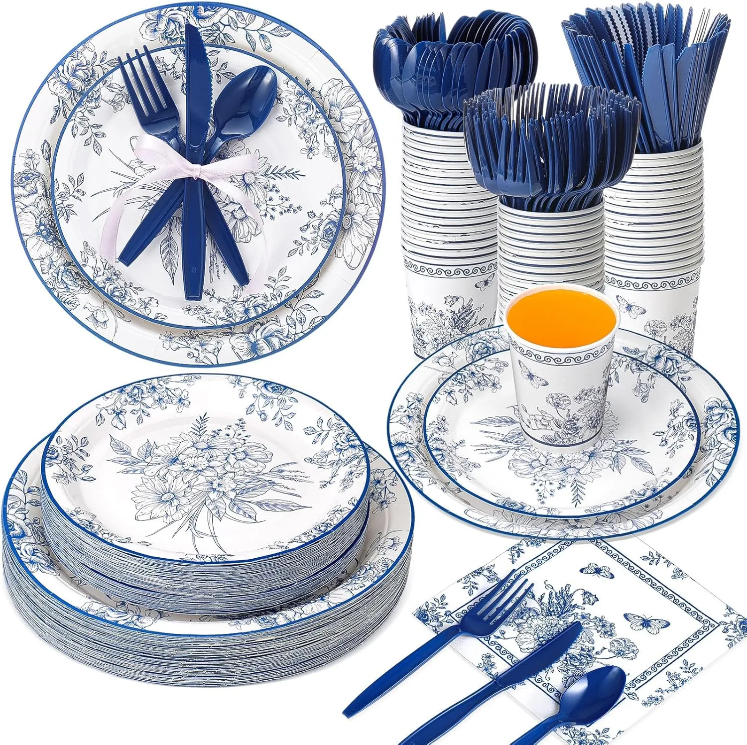 350 Pcs Tea Party Supplies Spring Summer Blue Floral Party Tableware Set Disposable Plates Napkins Paper Cups Plastic Cutlery Set for Birthday Bridal Baby Shower Serves 50