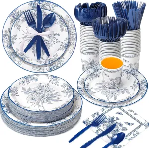350 Pcs Tea Party Supplies Spring Summer Blue Floral Party Tableware Set Disposable Plates Napkins Paper Cups Plastic Cutlery Set for Birthday Bridal Baby Shower Serves 50
