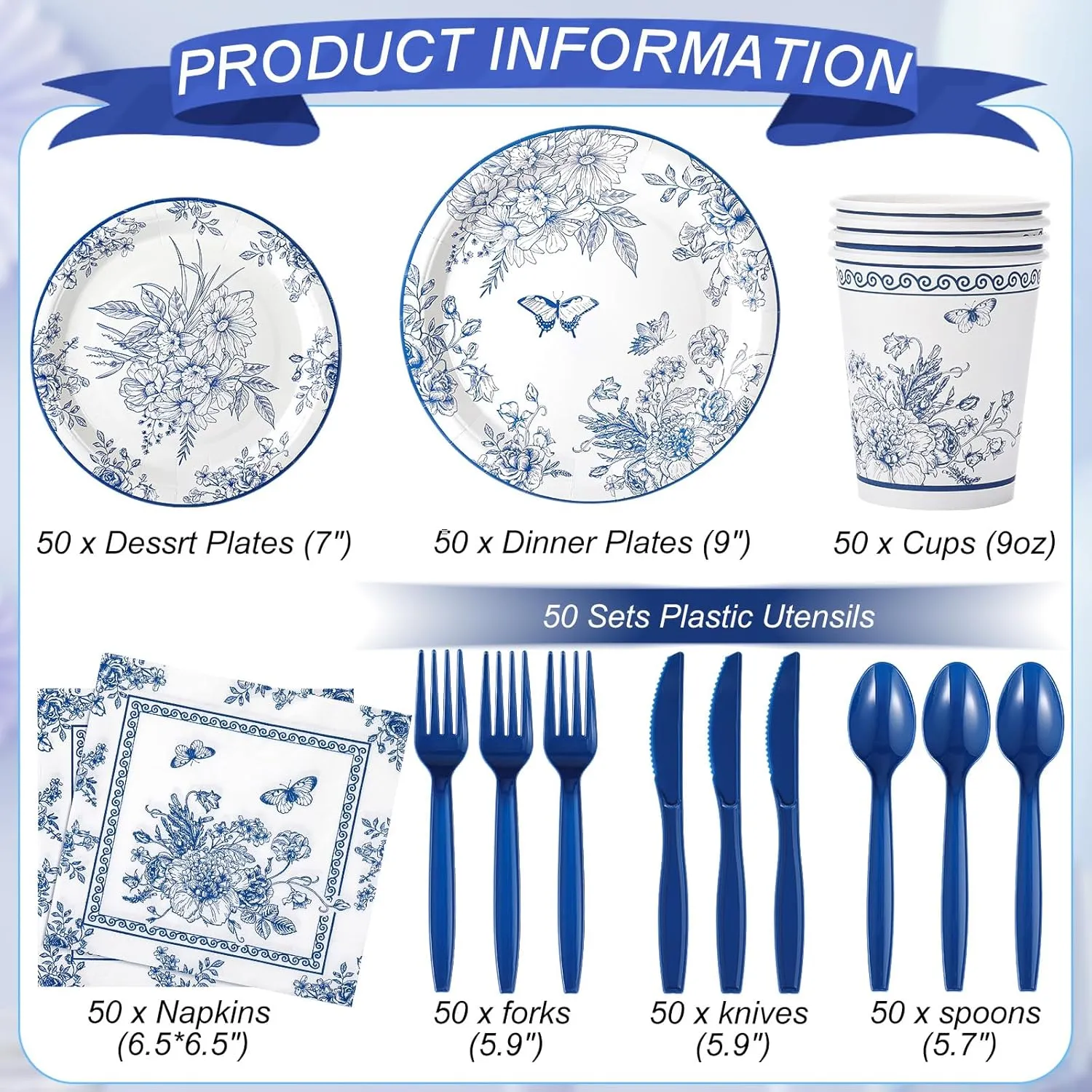 350 Pcs Tea Party Supplies Spring Summer Blue Floral Party Tableware Set Disposable Plates Napkins Paper Cups Plastic Cutlery Set for Birthday Bridal Baby Shower Serves 50