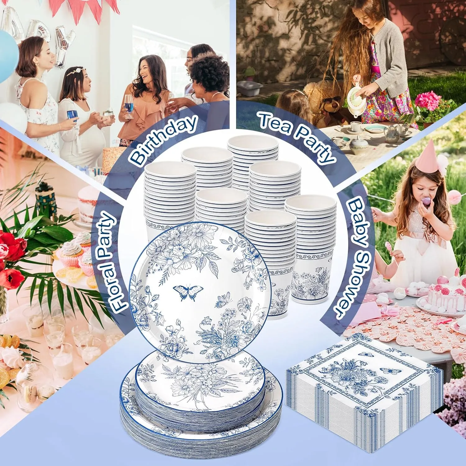 350 Pcs Tea Party Supplies Spring Summer Blue Floral Party Tableware Set Disposable Plates Napkins Paper Cups Plastic Cutlery Set for Birthday Bridal Baby Shower Serves 50