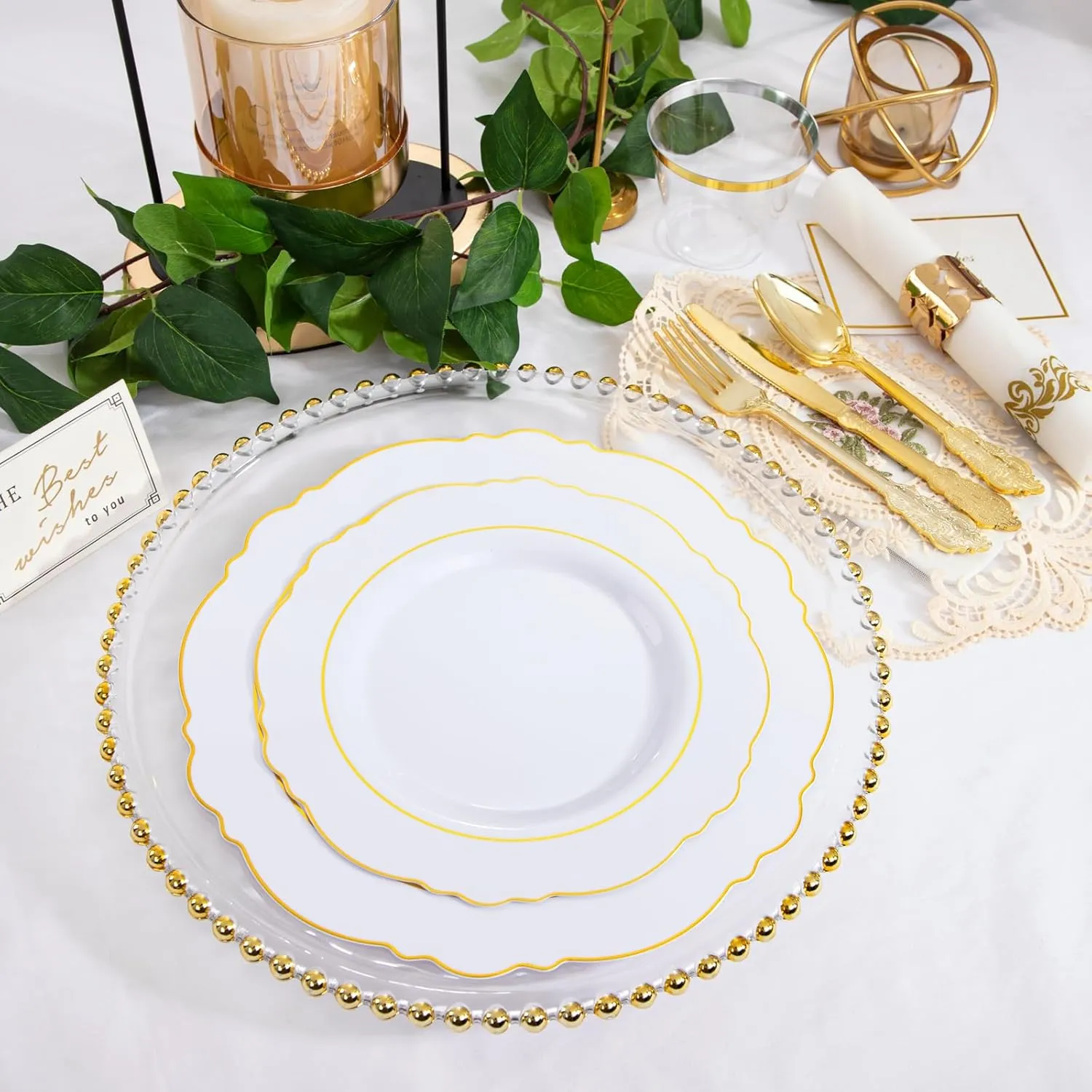 350 Pieces Gold Disposable Plates for 50 Guests, Plastic Plates for Party, Dinnerware Set of 50 Dinner Plates, 50 Salad Plates, 50 Spoons, 50 Forks, 50 Knives, 50 Cups