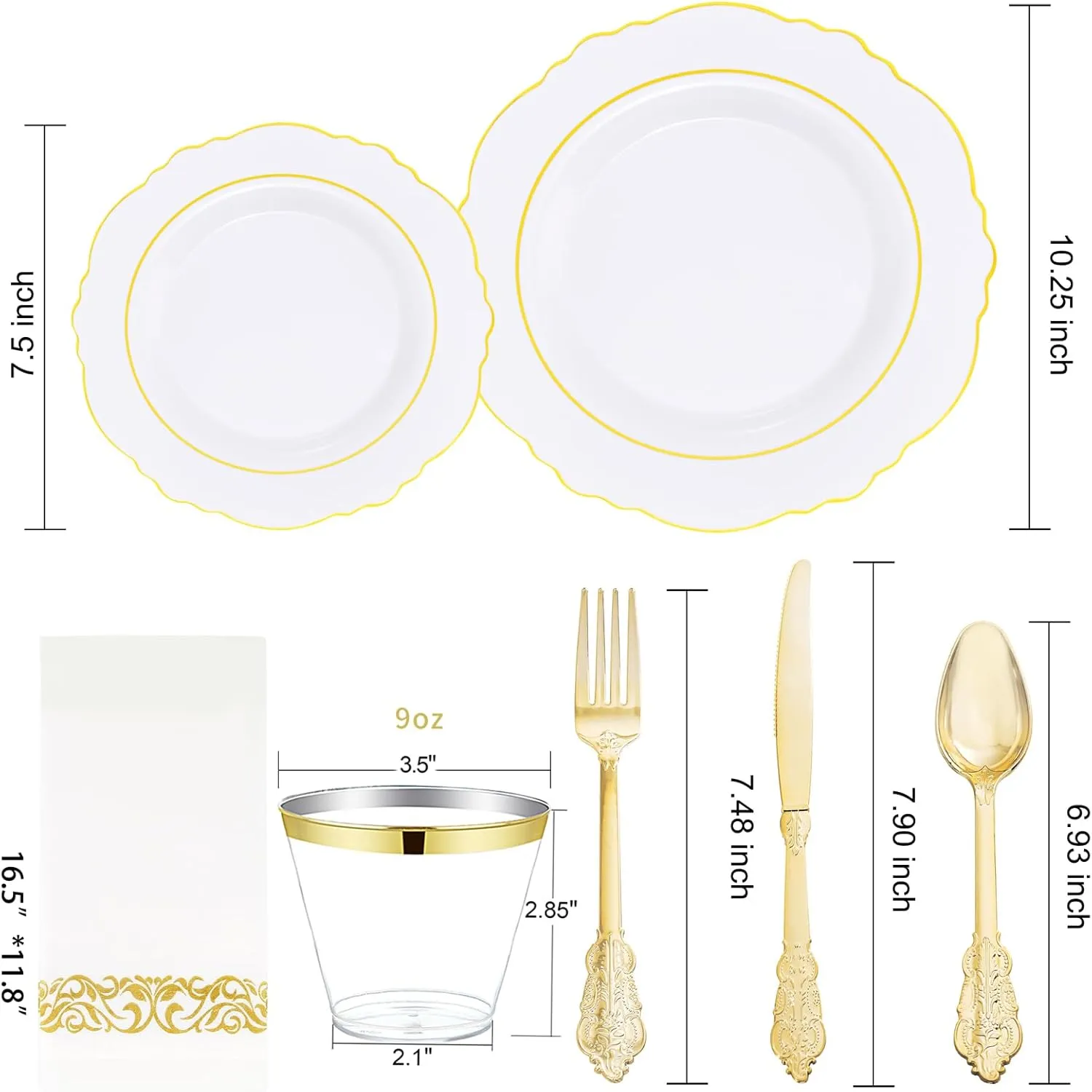 350 Pieces Gold Disposable Plates for 50 Guests, Plastic Plates for Party, Dinnerware Set of 50 Dinner Plates, 50 Salad Plates, 50 Spoons, 50 Forks, 50 Knives, 50 Cups