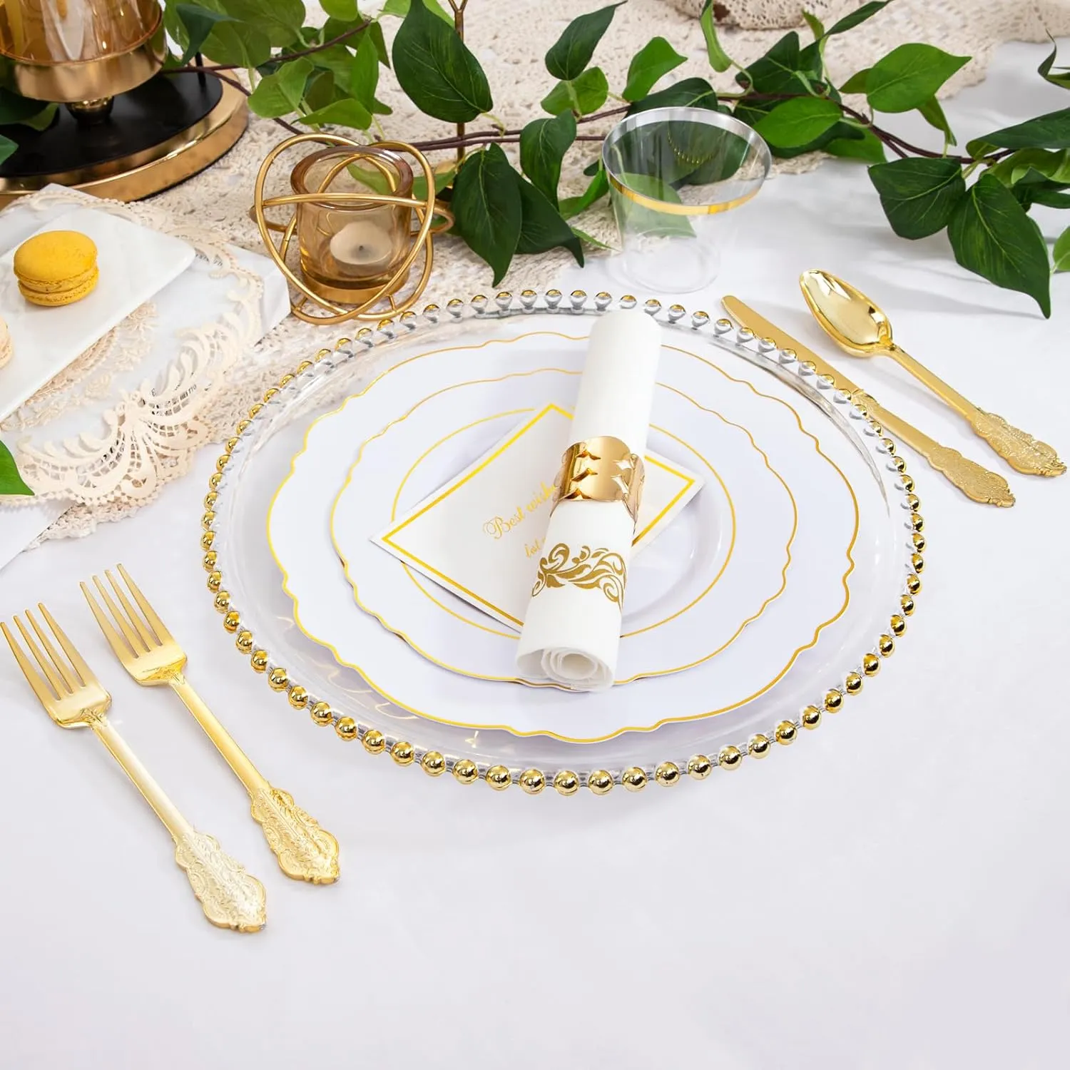 350 Pieces Gold Disposable Plates for 50 Guests, Plastic Plates for Party, Dinnerware Set of 50 Dinner Plates, 50 Salad Plates, 50 Spoons, 50 Forks, 50 Knives, 50 Cups
