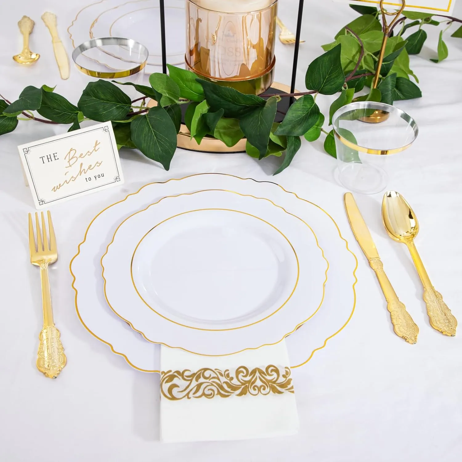 350 Pieces Gold Disposable Plates for 50 Guests, Plastic Plates for Party, Dinnerware Set of 50 Dinner Plates, 50 Salad Plates, 50 Spoons, 50 Forks, 50 Knives, 50 Cups