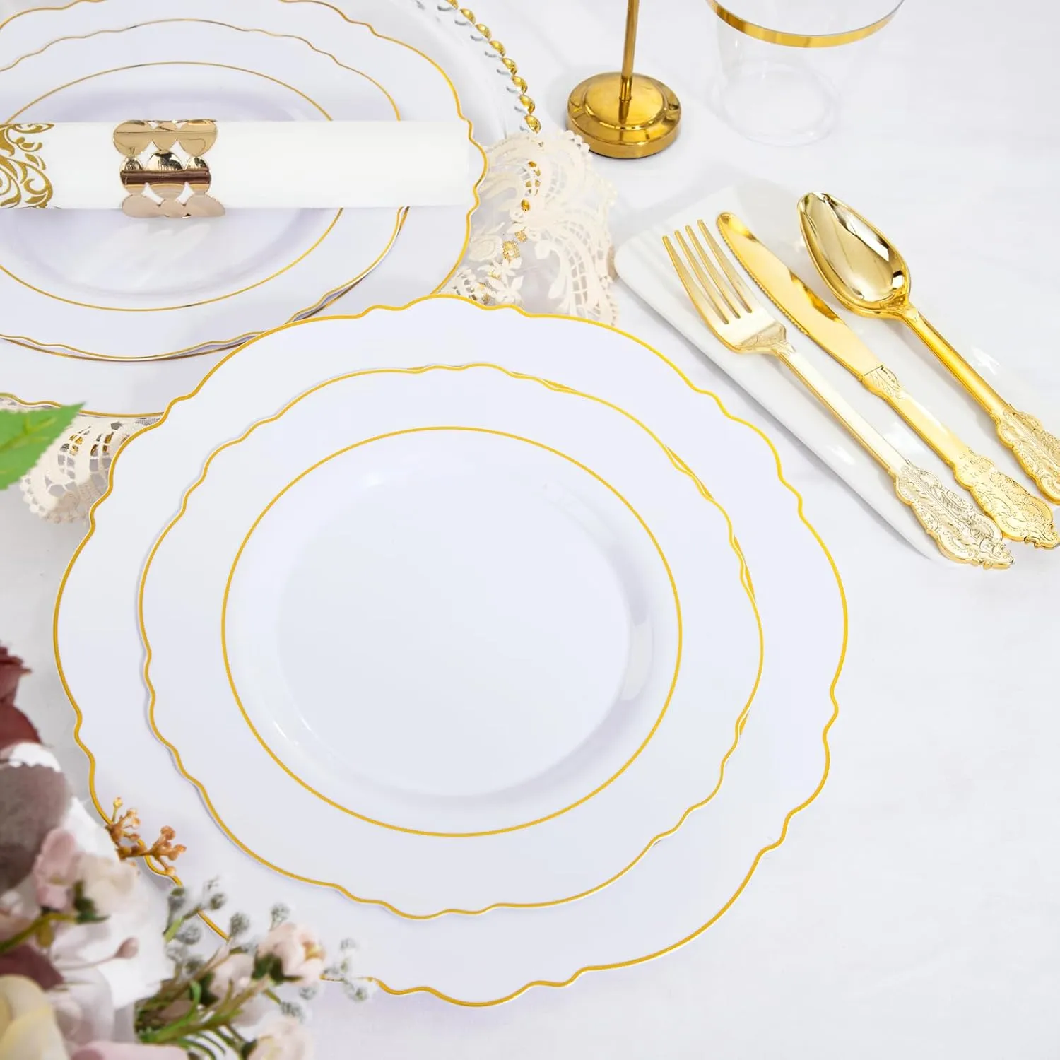 350 Pieces Gold Disposable Plates for 50 Guests, Plastic Plates for Party, Dinnerware Set of 50 Dinner Plates, 50 Salad Plates, 50 Spoons, 50 Forks, 50 Knives, 50 Cups