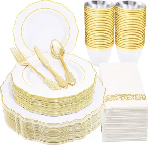 350 Pieces Gold Disposable Plates for 50 Guests, Plastic Plates for Party, Dinnerware Set of 50 Dinner Plates, 50 Salad Plates, 50 Spoons, 50 Forks, 50 Knives, 50 Cups