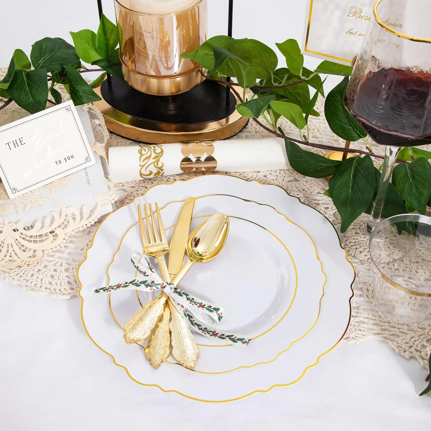 350 Pieces Gold Disposable Plates for 50 Guests, Plastic Plates for Party, Dinnerware Set of 50 Dinner Plates, 50 Salad Plates, 50 Spoons, 50 Forks, 50 Knives, 50 Cups