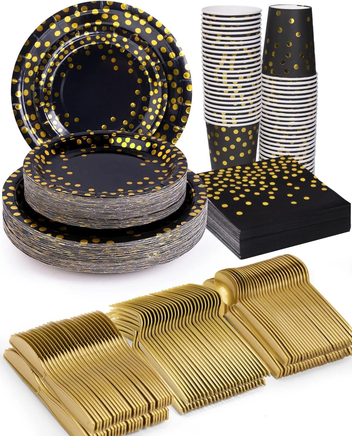 350 Pieces Party Supplies, Black and Gold Party Plates Cups and Napkins Sets with Plastic Knives forks spoons, Disposable Tableware Serves 50 Sets for Wedding, Birthday, Graduation, Festivals