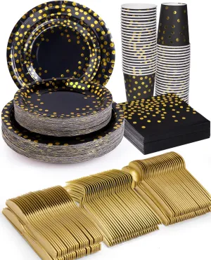 350 Pieces Party Supplies, Black and Gold Party Plates Cups and Napkins Sets with Plastic Knives forks spoons, Disposable Tableware Serves 50 Sets for Wedding, Birthday, Graduation, Festivals