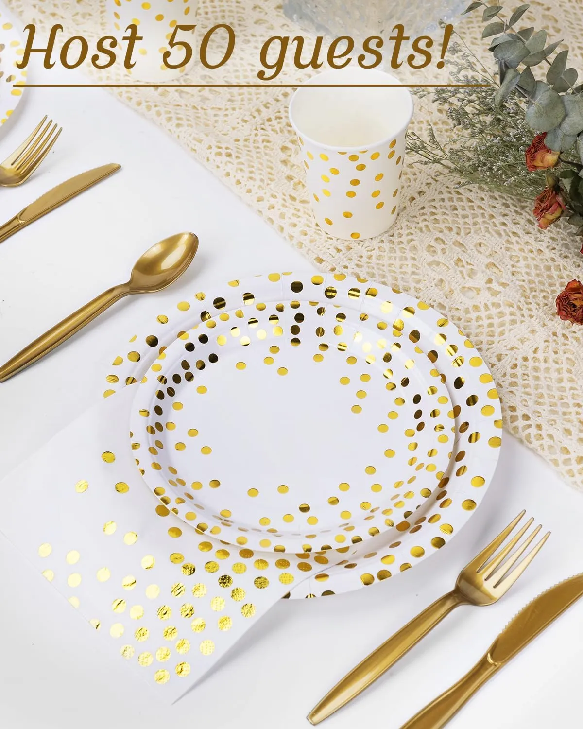 350 Pieces Party Supplies, White and Gold Dots Party Plates Cups and Napkins Sets with Plastic Knives forks spoons, Disposable Tableware Serves 50 Sets for Wedding, Birthday, Graduation, Festivals